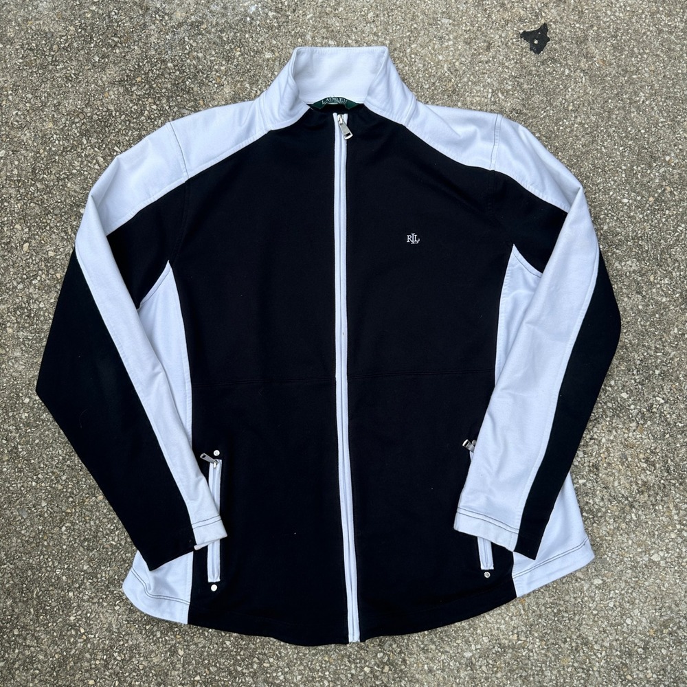 Lauren Ralph Lauren Womens Black White Colorblock Full Zip Track Jacket XL